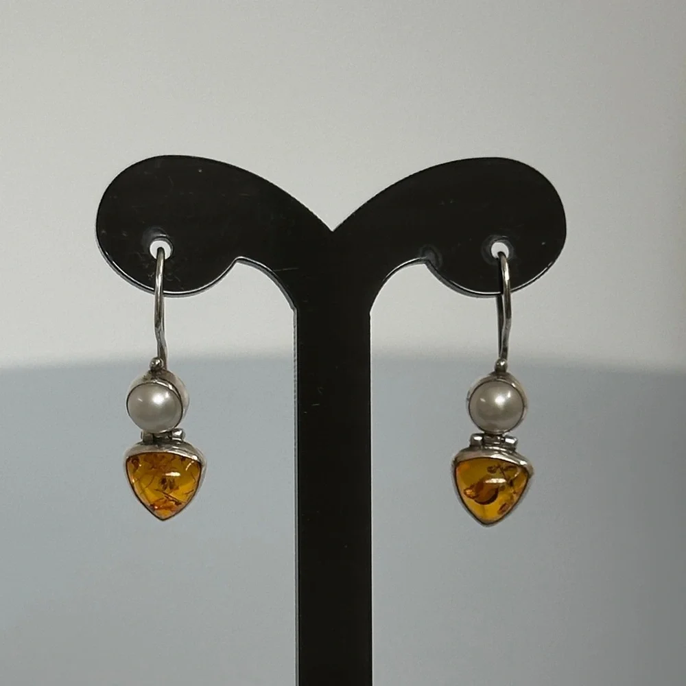 Elegant 925 Sterling Silver Pearls Amber Dangle Earrings
